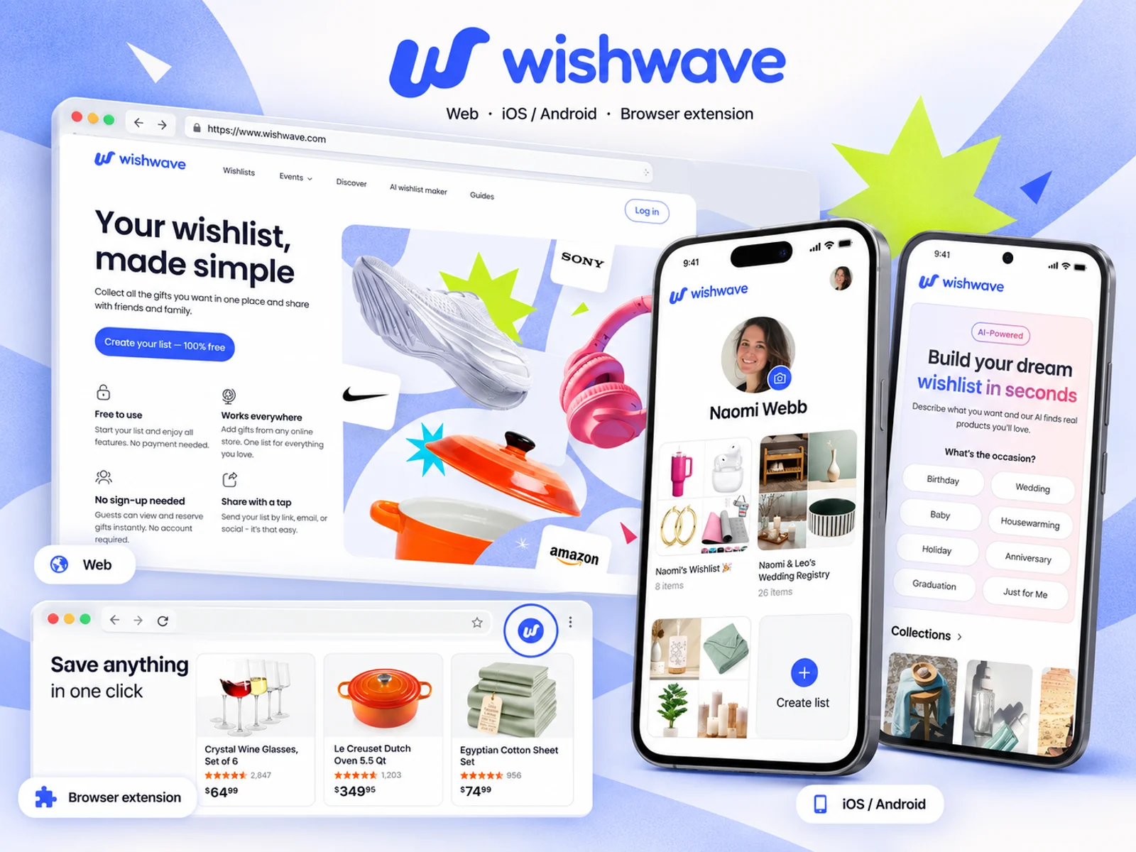 Wishwave website, mobile app and browser extension interfaces